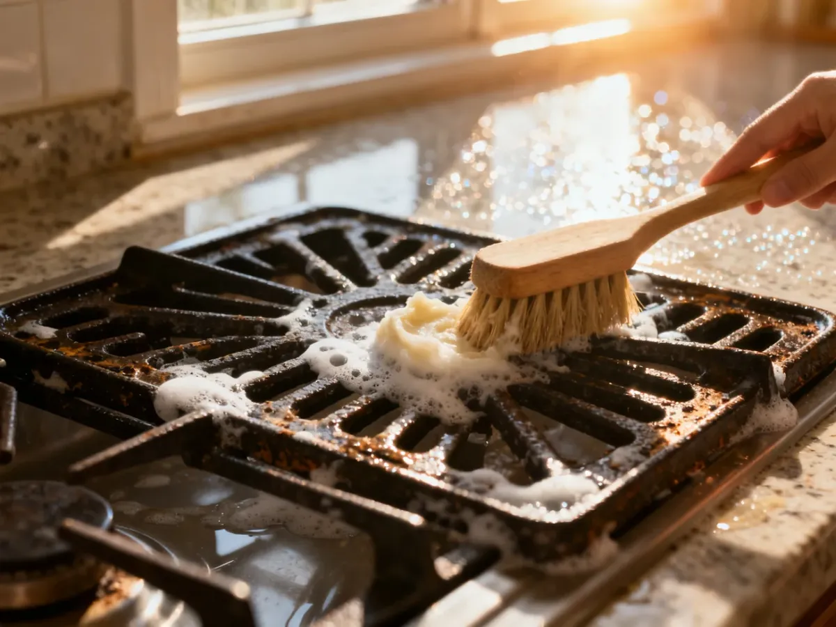 Szorowanie brudnego żeliwnego rusztu kuchenki domową pastą czyszczącą przy użyciu szczotki.