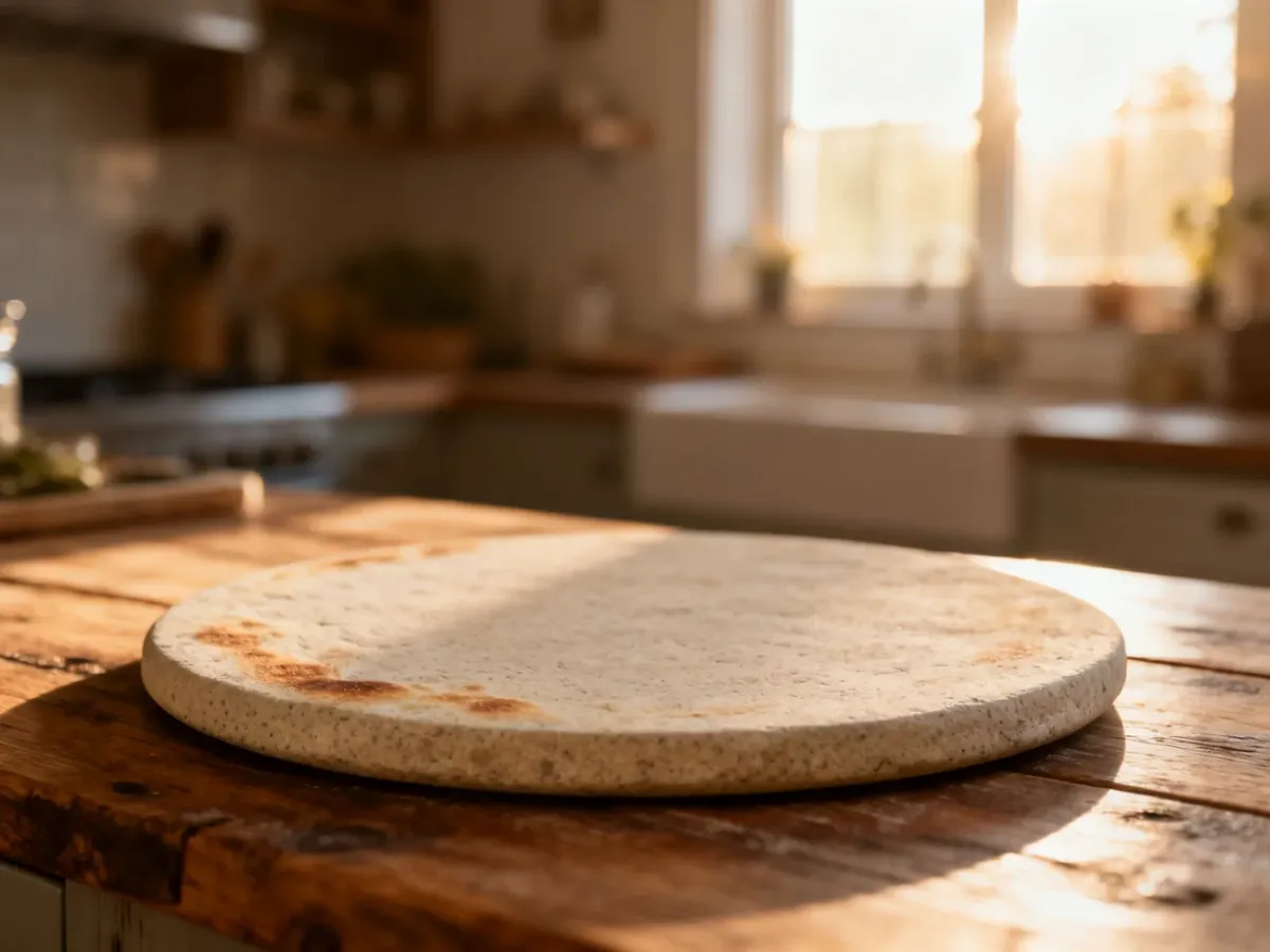 Profesjonalny kamień do pizzy z naturalnymi śladami użytkowania na rustykalnym drewnianym blacie w słonecznej kuchni.