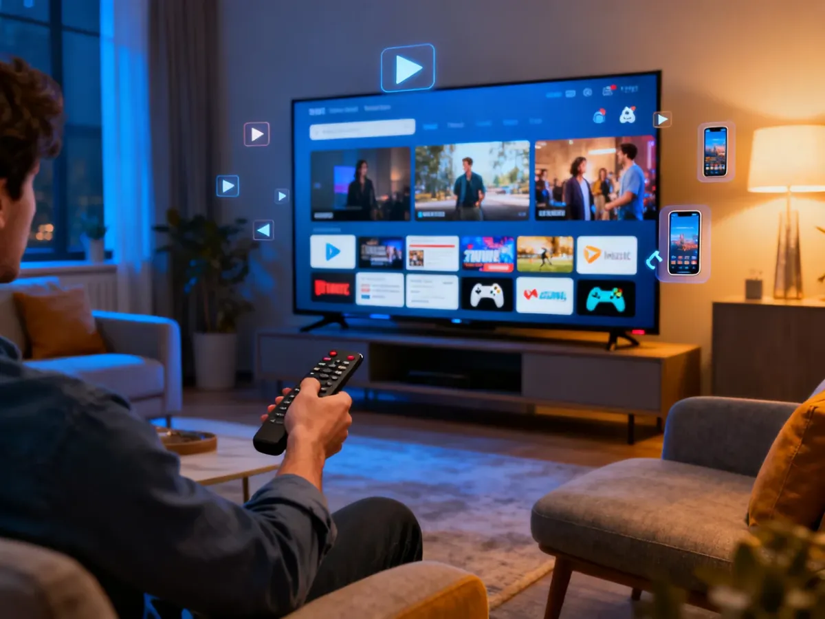 Osoba obsługująca Smart TV pilotem w nowoczesnym salonie