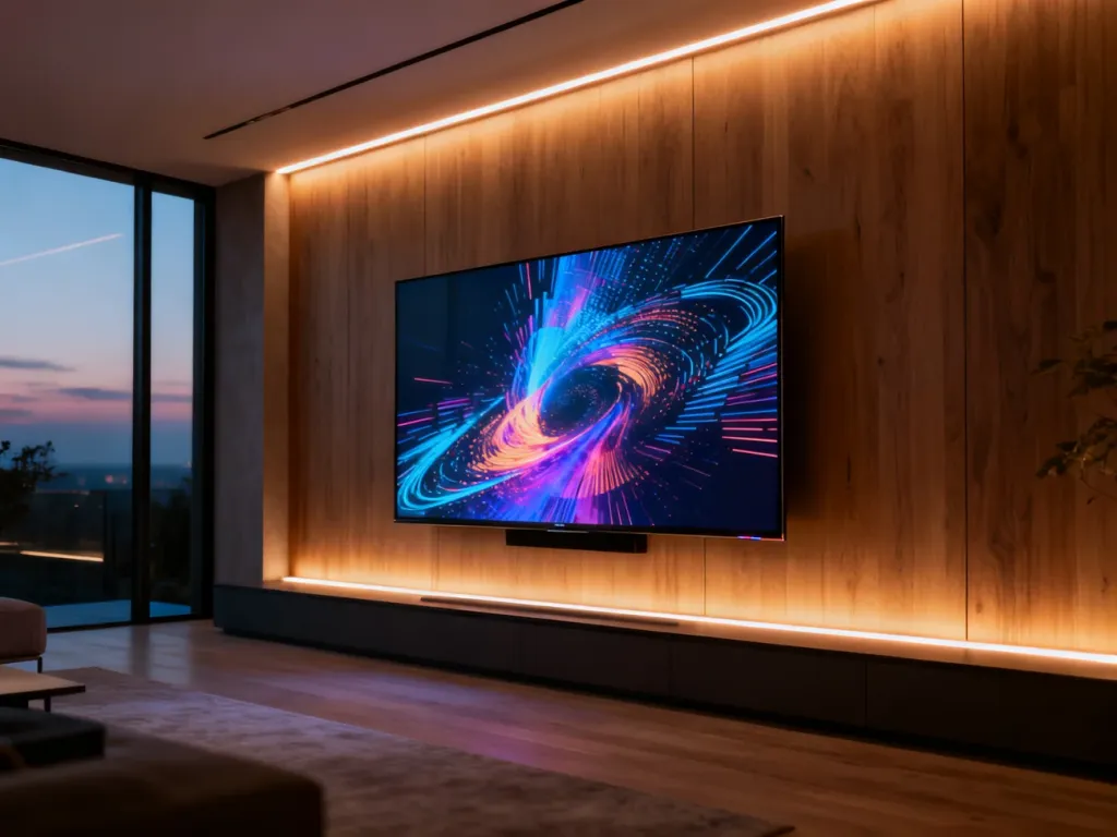 Nowoczesny telewizor 4K zamontowany na drewnianej ścianie w przytulnym salonie z nastrojowym oświetleniem LED.