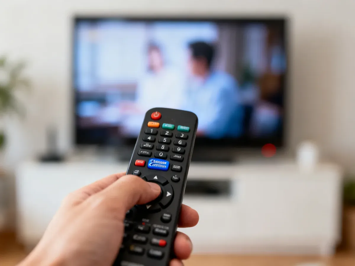 Pilot do telewizora z przyciskiem napisów skierowany w stronę ekranu